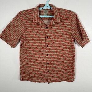 LL Bean Shirt Mens Medium Orange Button Up Camp Short Sleeve Striped Beach